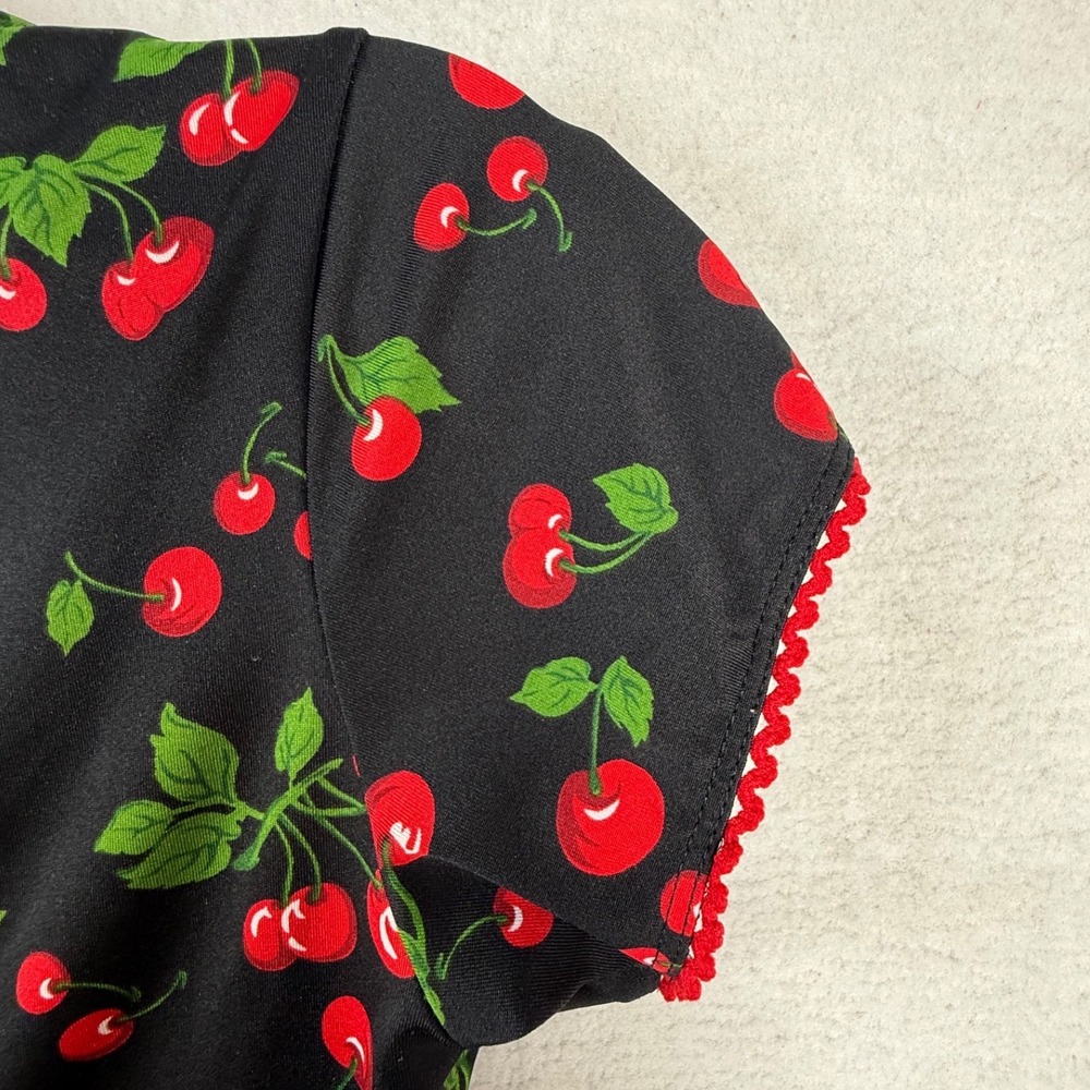 Pin Up Girl Cherry Print Rockabilly Dress Black Cap Sleeve Medium kitschy retro - Picture 7 of 12